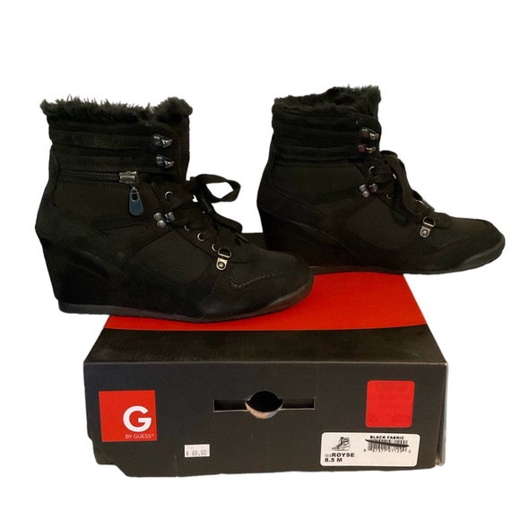 Black Guess Royce wedge heel booties. - Picture 1 of 6